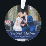 Elegant Calligraphy Our First Christmas Blue Ornament<br><div class="desc">Elegant Calligraphy Script Our First Christmas Photo Blue Ornament with Snowflakes back - Perfect for a Wedding Photo or Couple Photo</div>