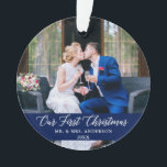 Elegant Calligraphy Our First Christmas Blue Ornament<br><div class="desc">Elegant Calligraphy Script Our First Christmas Photo Blue Ornament with Snowflakes back - Perfect for a Wedding Photo or Couple Photo</div>