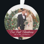 Elegant Calligraphy Our First Christmas Burgundy Ornament<br><div class="desc">Elegant Calligraphy Script Our First Christmas Photo Burgundy Ornament with Snowflakes back - Perfect for a Wedding Photo or Couple Photo</div>