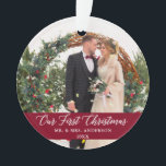 Elegant Calligraphy Our First Christmas Burgundy Ornament<br><div class="desc">Elegant Calligraphy Script Our First Christmas Photo Burgundy Ornament with Snowflakes back - Perfect for a Wedding Photo or Couple Photo</div>