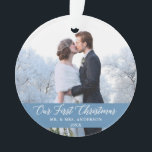 Elegant Calligraphy Our First Christmas Light Blue Ornament<br><div class="desc">Elegant Calligraphy Script Our First Christmas Photo Light Blue Ornament with Snowflakes back - Perfect for a Wedding Photo or Couple Photo</div>