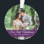 Elegant Calligraphy Our First Christmas Purple Ornament<br><div class="desc">Elegant Calligraphy Script Our First Christmas Photo Purple Ornament with Snowflakes back - Perfect for a Wedding Photo or Couple Photo</div>