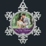 Elegant Calligraphy Our First Christmas Purple Snowflake Pewter Christmas Ornament<br><div class="desc">Elegant Calligraphy Script Our First Christmas Photo Purple Snowflake Ornament  - Perfect for a Wedding Photo or Couple Photo</div>