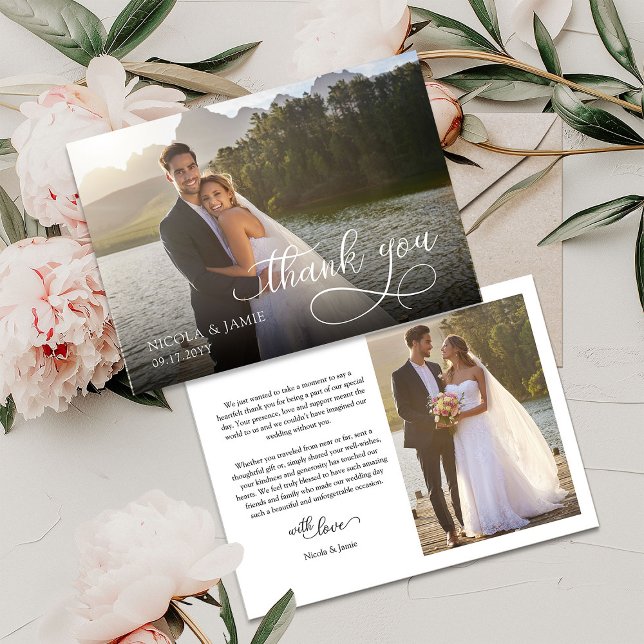 Elegant Calligraphy Overlay Modern 2 Wedding Photo Thank You Card (Horizontal Wedding Photo Thank You Card with elegant modern calligraphy overlay and 2 photos)