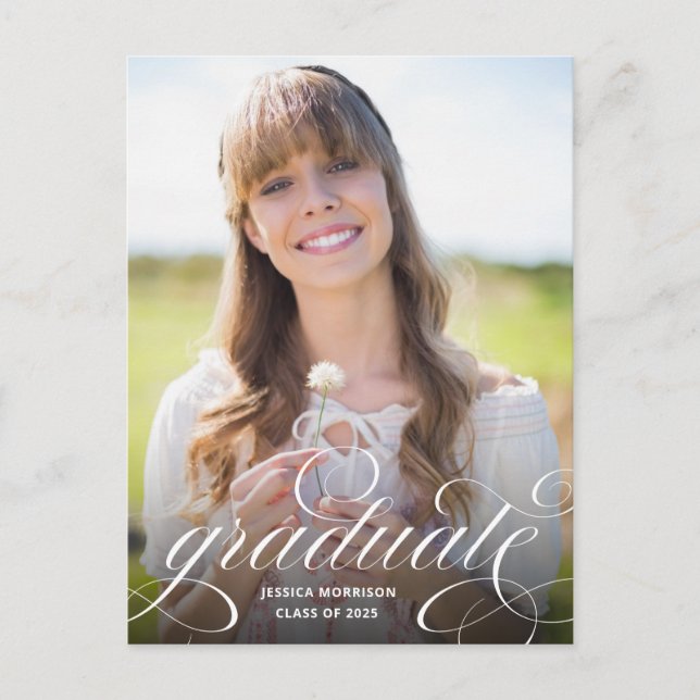 Elegant Calligraphy Overlay Photo Graduation Postcard (Front)