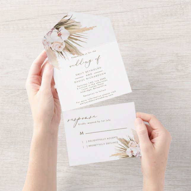 Elegant Calligraphy Pampas Grass Wedding All In One Invitation (Tearaway)