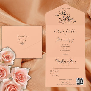 Elegant Calligraphy Peach QR Code Wedding All In One Invitation