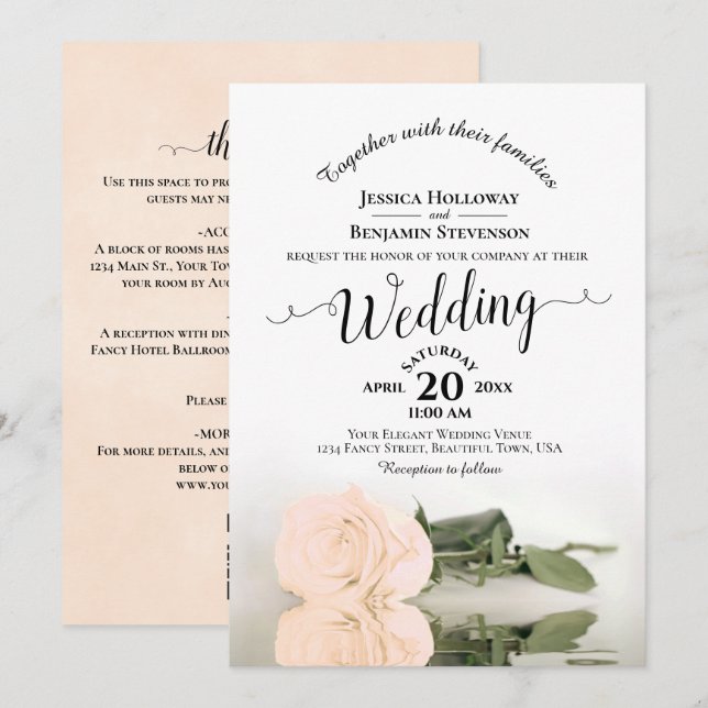 Elegant Calligraphy Peach Rose QR Code Wedding Invitation (Front/Back)