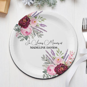 Elegant Calligraphy Peonies Funeral  Paper Plate