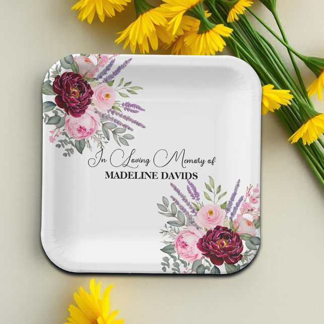 Elegant Calligraphy Peonies Funeral  Paper Plate (Creator Uploaded)