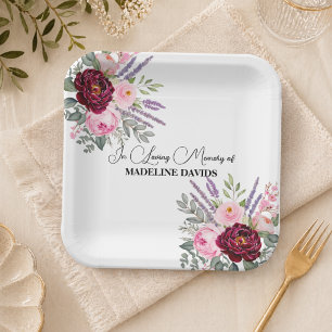 Elegant Calligraphy Peonies Funeral  Paper Plate