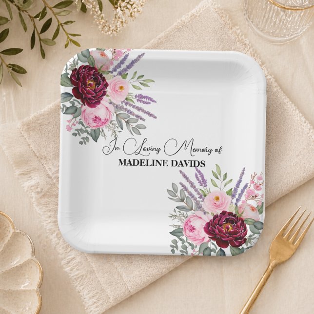 Elegant Calligraphy Peonies Funeral  Paper Plate (Creator Uploaded)