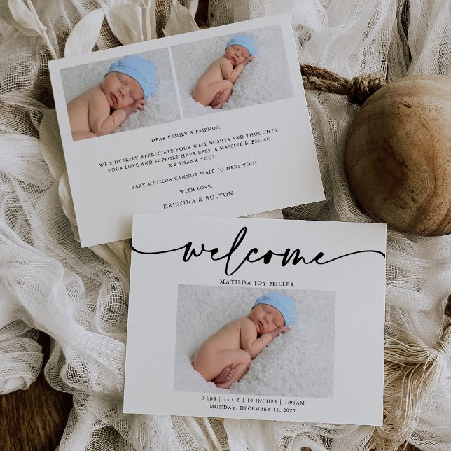 Elegant Calligraphy Photo Birth Announcement Card (Creator Uploaded)