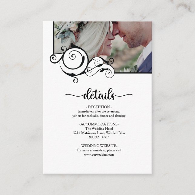 Elegant Calligraphy Photo Details Wedding  Enclosure Card (Front)