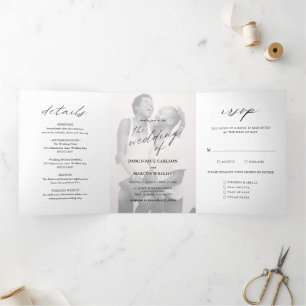 Elegant Calligraphy Photo Modern Wedding Tri-Fold Invitation