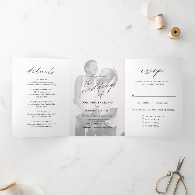 Elegant Calligraphy Photo Modern Wedding Tri-Fold Invitation (Inside)