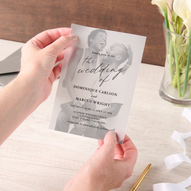 Elegant Calligraphy Photo Modern Wedding Vellum Invitations (Handheld)