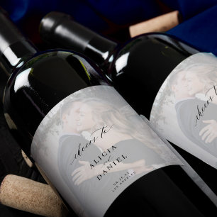 Elegant calligraphy photo overlay cheers wedding wine label