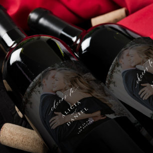 Elegant calligraphy photo overlay cheers wedding wine label