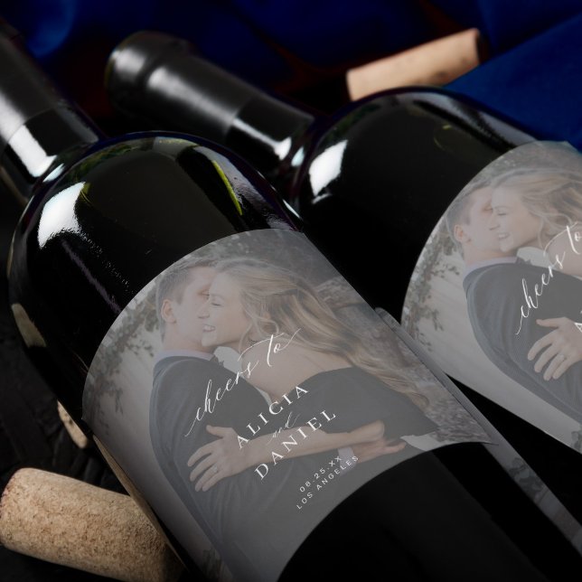 Elegant calligraphy photo overlay cheers wedding wine label (Creator Uploaded)