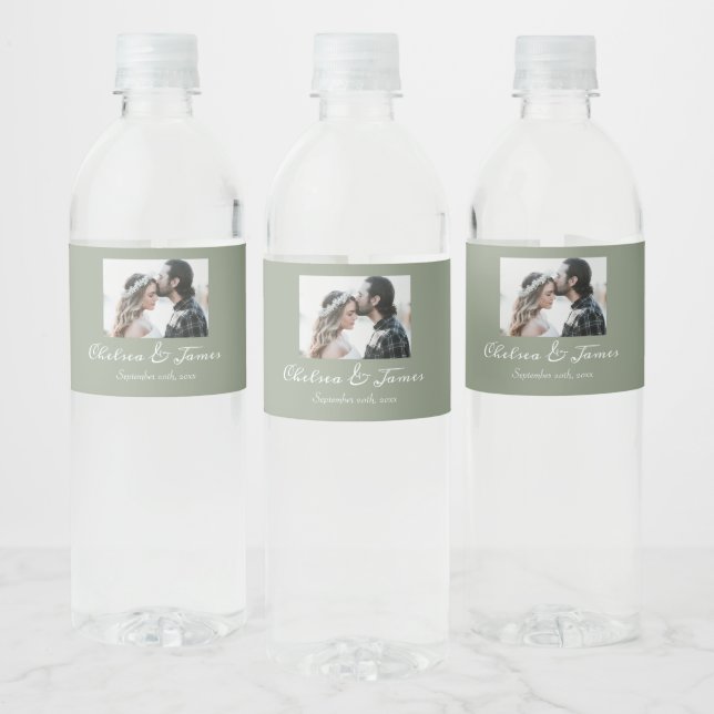 Elegant Calligraphy Photo Sage Green Wedding  Water Bottle Label (Bottles)