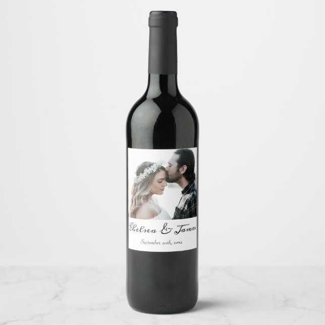 Elegant Calligraphy Photo Wedding Bottle  Wine Label (Front)
