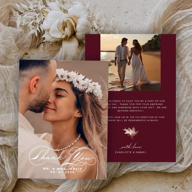 Elegant Calligraphy Photo Wedding Burgundy Thank You Card (Creator Uploaded)