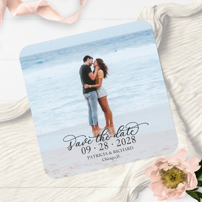 Elegant Calligraphy Photo Wedding Save the Date Square Paper Coaster (Creator Uploaded)