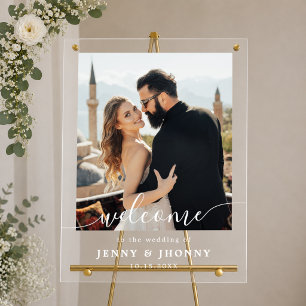 Elegant Calligraphy Photo Wedding Welcome Acrylic Sign