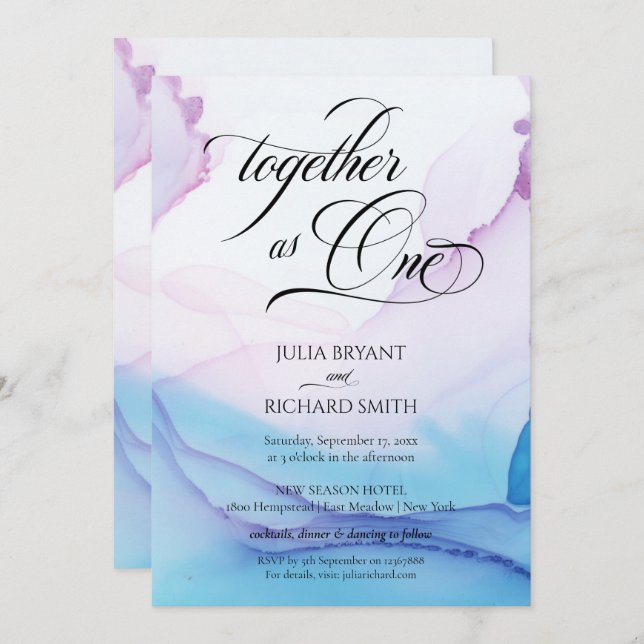 Elegant Calligraphy Pink Blue Watercolor Modern In Invitation (Front/Back)