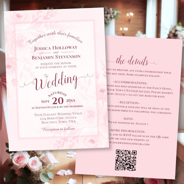 Elegant Calligraphy Pink Peonies QR Code Wedding Invitation (Front/Back)