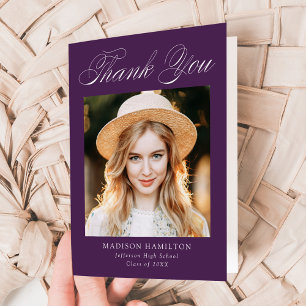 Elegant Calligraphy Purple Photo Graduation Thank You Card