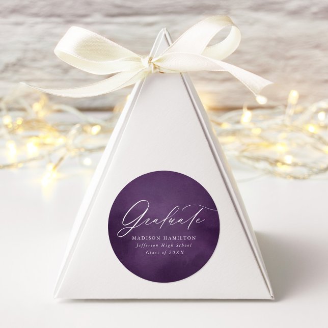 Elegant Calligraphy Purple Watercolor Graduation Classic Round Sticker (Creator Uploaded)