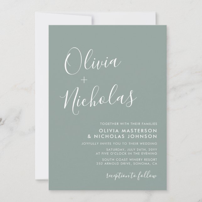 Elegant Calligraphy QR Code Sage Green Wedding Invitation (Front)