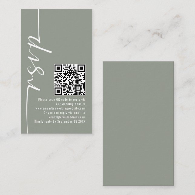 Elegant Calligraphy QR Code Sage Wedding RSVP  Enclosure Card (Front/Back)