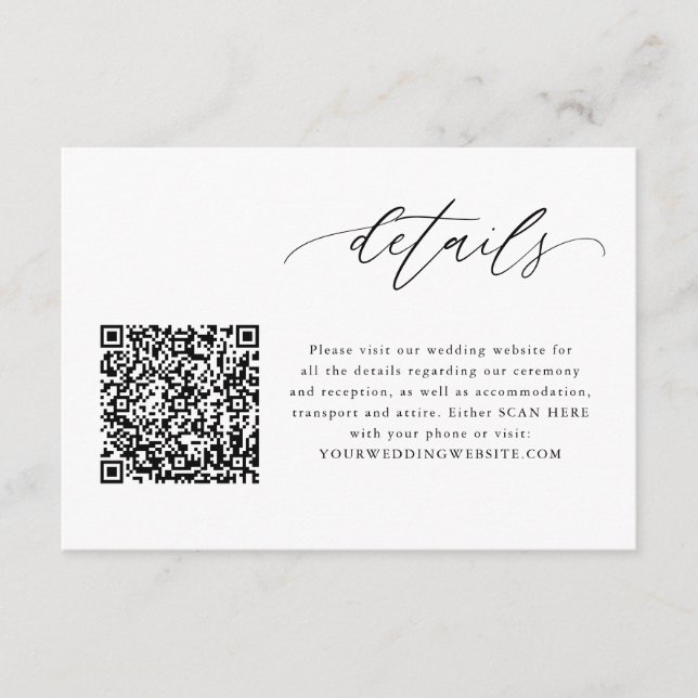 Elegant Calligraphy QR Code Wedding Details Cards (Front)