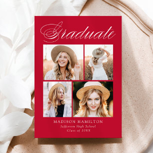 Elegant Calligraphy Red 4 Photo Graduation Announcement