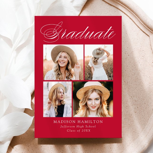 Elegant Calligraphy Red 4 Photo Graduation Announcement (Creator Uploaded)