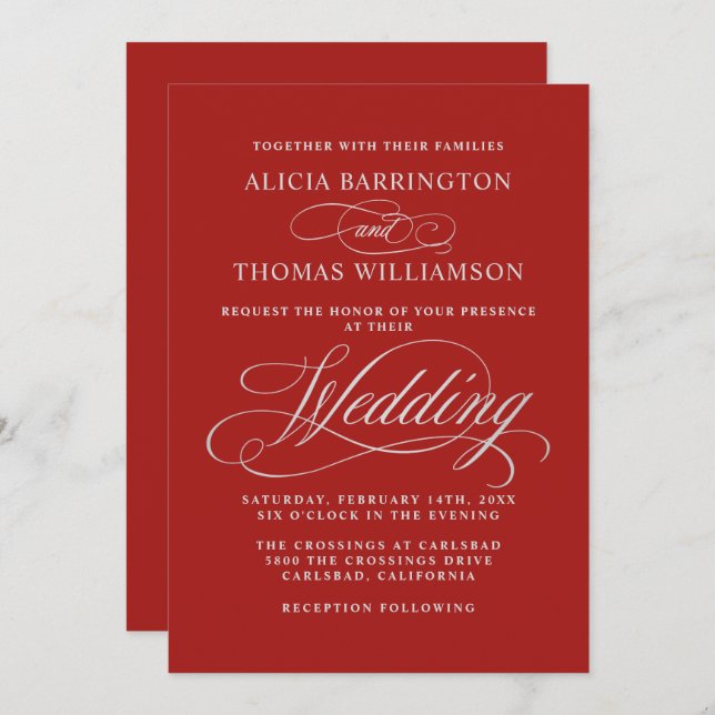 Elegant Calligraphy Red and Silver Wedding Invitation (Front/Back)