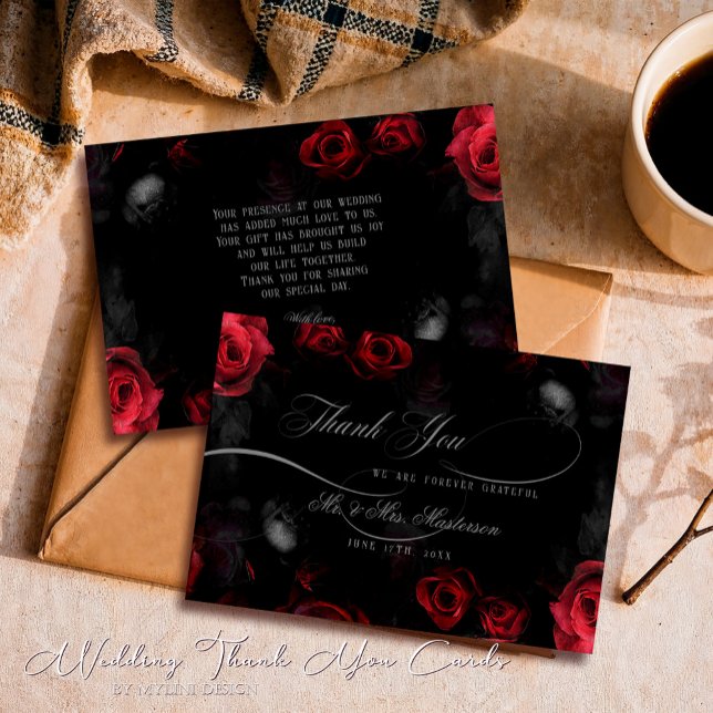 Elegant Calligraphy Red Black Floral Wedding Thank You Card (Creator Uploaded)