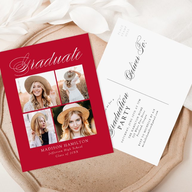 Elegant Calligraphy Red Photo Graduation Party Invitation Postcard (Creator Uploaded)