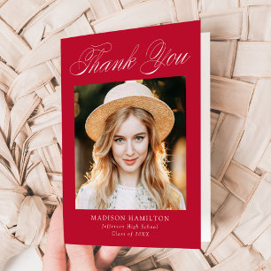 Elegant Calligraphy Red Photo Graduation Thank You Card