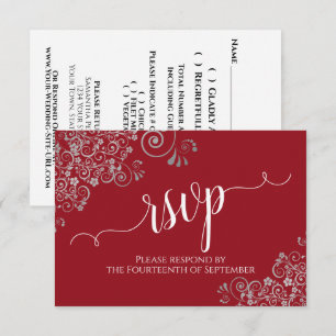 Elegant Calligraphy Red with Silver Frills Wedding RSVP Card