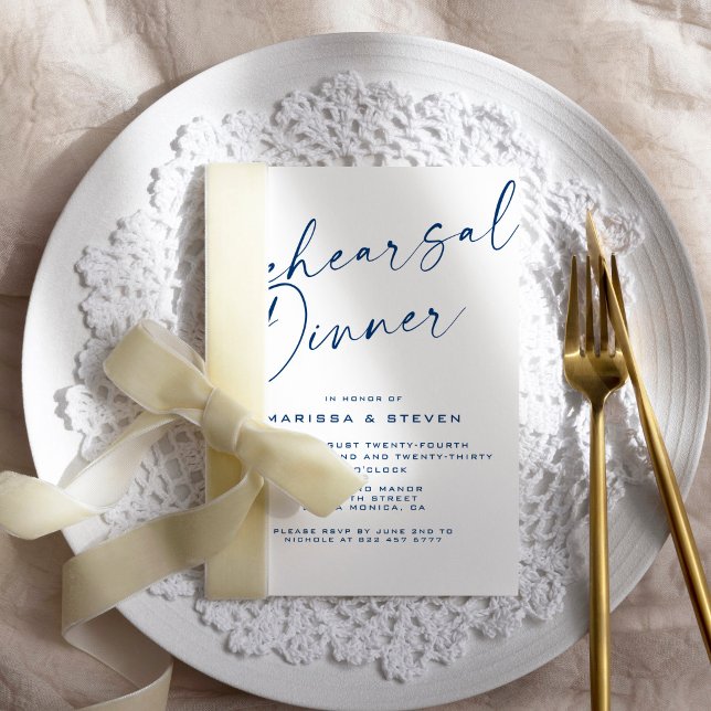Elegant Calligraphy Rehearsal Dinner Navy Invitation (Creator Uploaded)