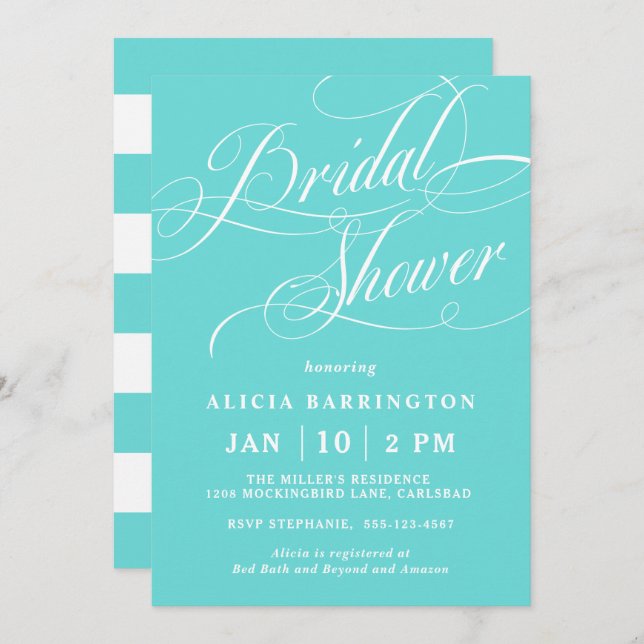 Elegant Calligraphy Robin Egg Blue Bridal Shower Invitation (Front/Back)