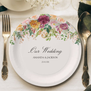 Elegant Calligraphy Rose Garden Floral Wedding Paper Plate