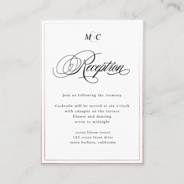 Elegant Calligraphy rose gold Reception Enclosure Card (Front)
