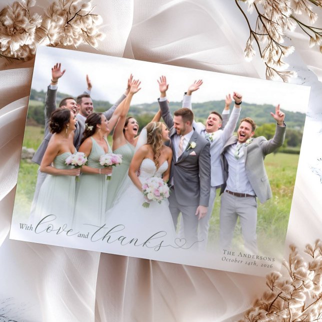 Elegant Calligraphy Sage Green Heart Wedding Photo Thank You Card (Creator Uploaded)