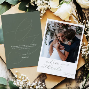 Elegant Calligraphy Sage Green Heart Wedding Photo Thank You Card