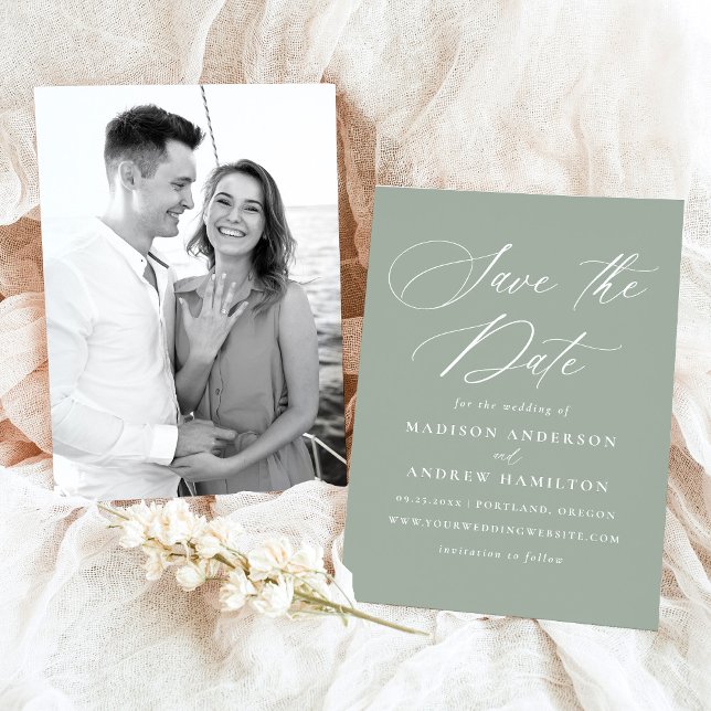 Elegant Calligraphy Sage Green Photo Wedding Save The Date (Creator Uploaded)